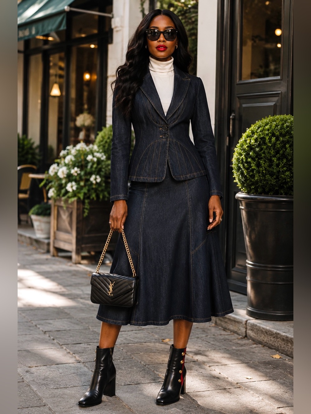 Monroe & Main Dark Wash Denim Skirt Suit Tailored Blazer & A-Line Midi Skirt - Picture 3 of 16